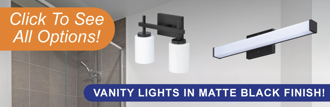 Matte black vanity lights over an apartment bathroom backbground
