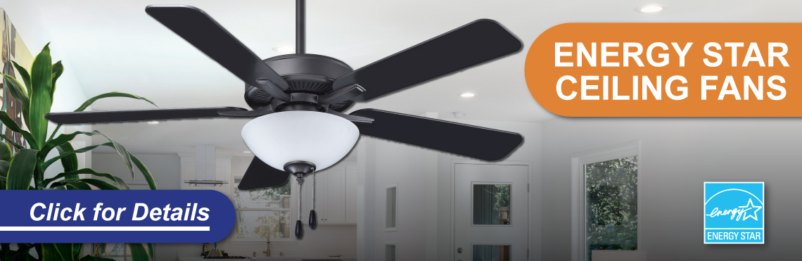 Image of matte black ceiling fan. Energy Star Ceiling fans is written in the top right corner, click for details is in the bottom left corner. The Energy Star logo is in the bottom right corner.